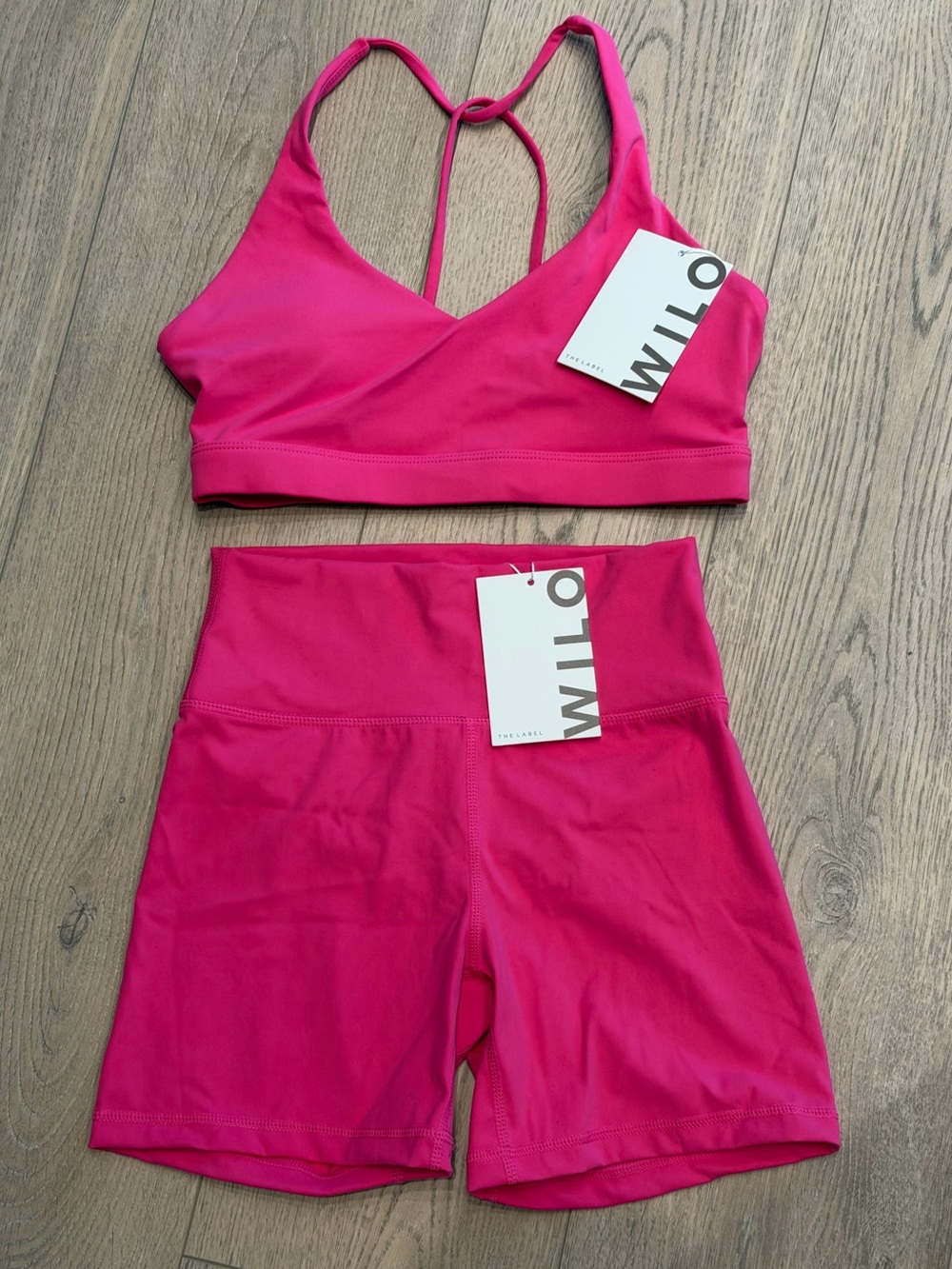 Wilo The Label Pink Crossback Sports Bra & Ruched Biker Shorts Set NWT